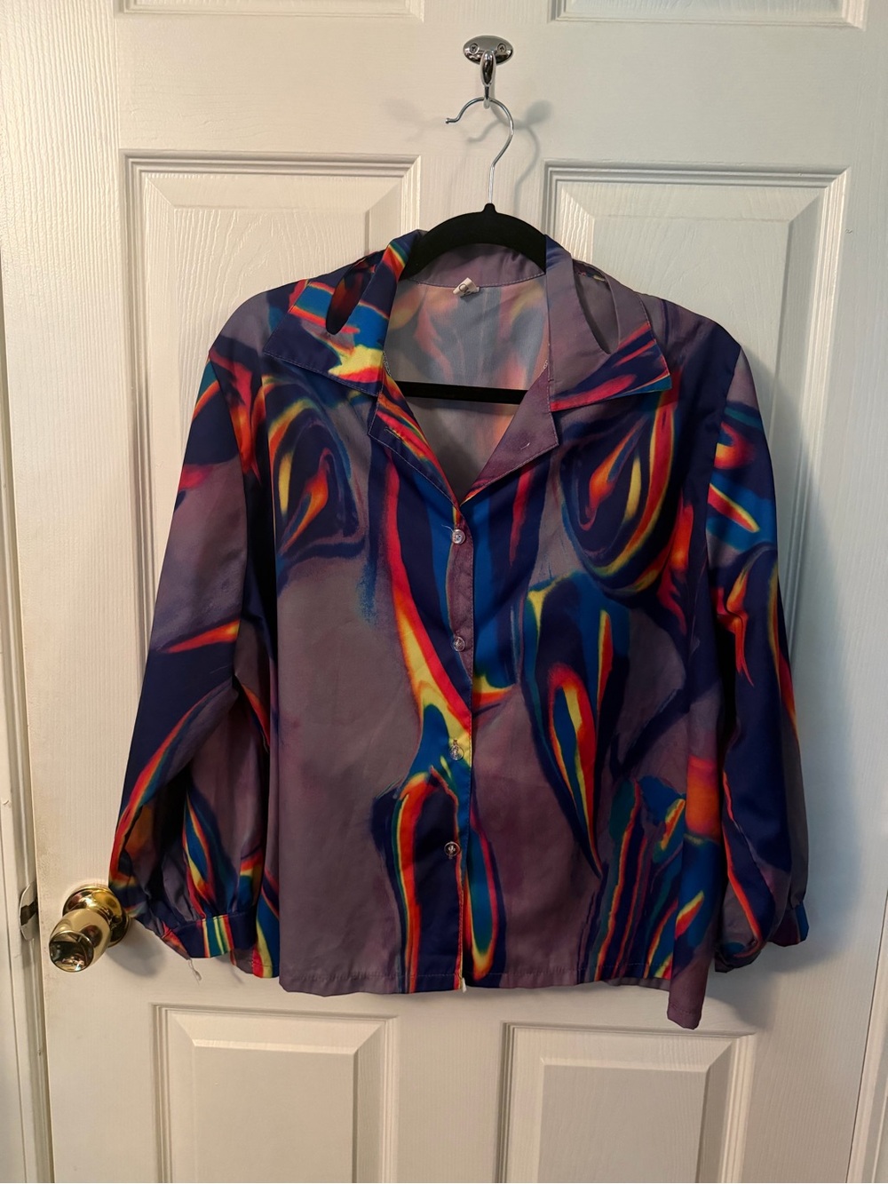 Source Unknown Multicolor Abstract Satin Blouse - Blue, Purple, Red, Yellow